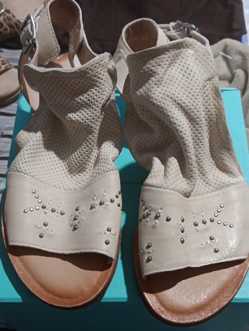 Miz Mooz Beige Perforated Studded Open-Toe Sandals